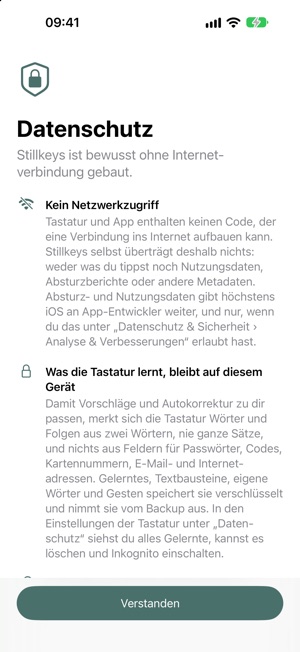 Die Seite „Datenschutz“ in der App Stillkeys.