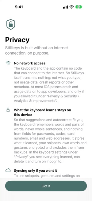The privacy page in the Stillkeys app.