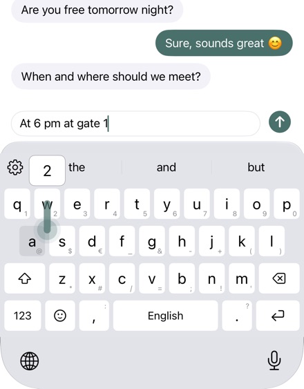 A swipe down on a key: the preview shows the character.