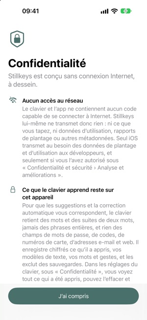 La page Confidentialité de l’app Stillkeys.