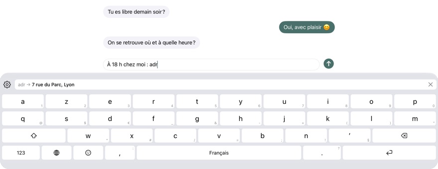 iPad : le raccourci adr affiche une adresse dans la barre de suggestions.