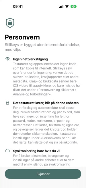 Personvernsiden i Stillkeys-appen.